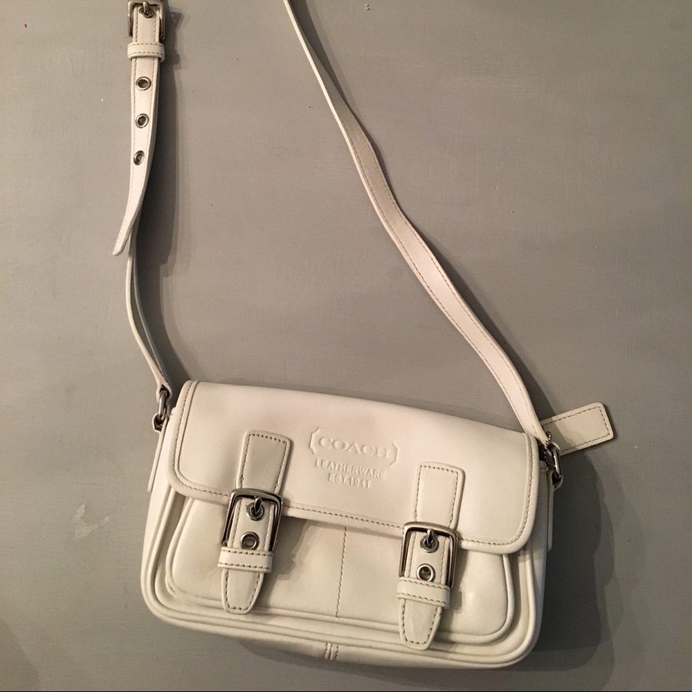 Coach White Leather Buckle Flap Crossbody